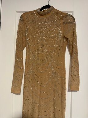 Embellished Long Sleeve Sheer Maxi Dress in Camel